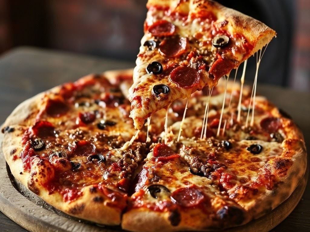 Sucuklu ve zeytinli, bol peynirli pizza
