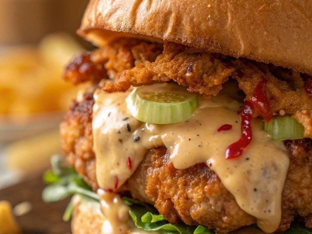 Çıtır tavuklu burger, özel sos ve turşu